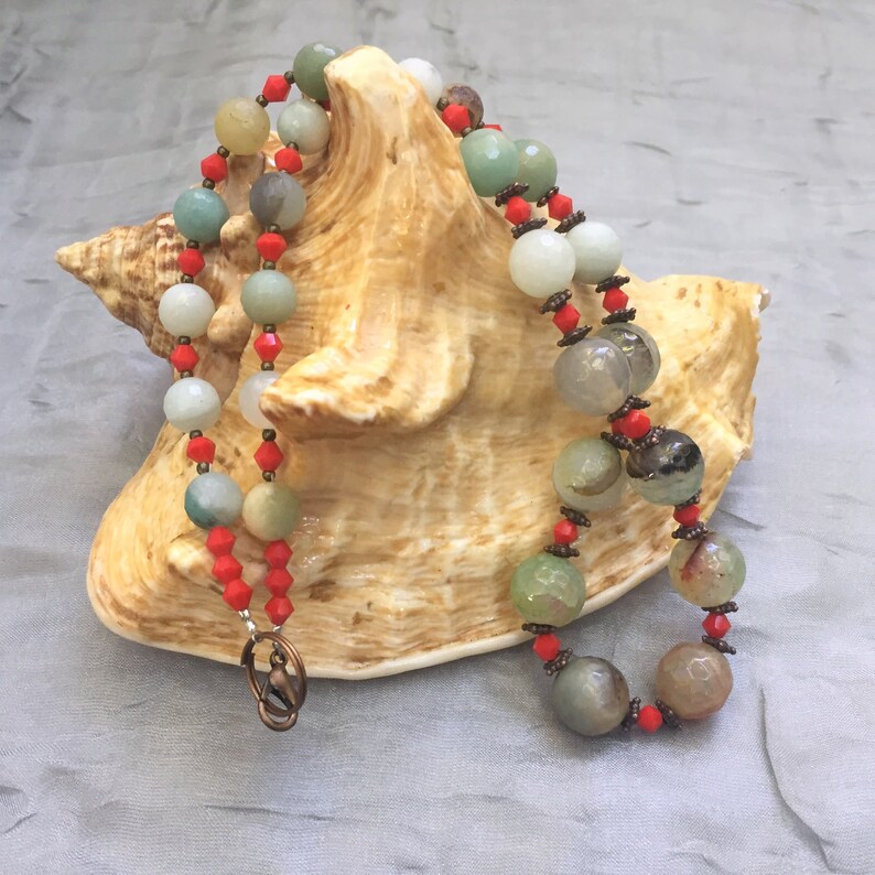 Graduated Bead Agate and Amazonite Necklace 19 inches Pastel Blue Grey Beige Red OOAK Handmade Unique