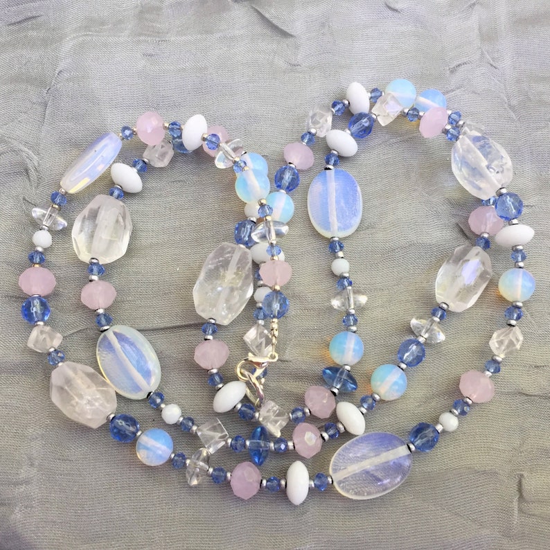 Sparkling unique bridal jewelry 33 long Pale blue opalite rock crystal necklace OOAK Something blue