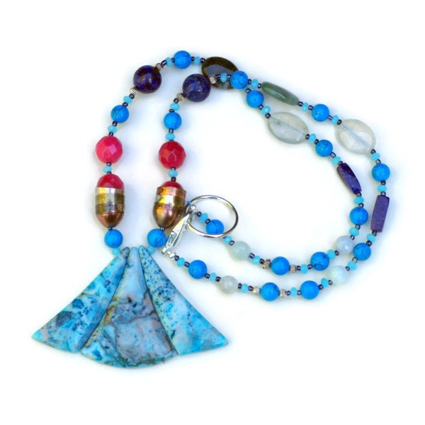 Blue Leopard Skin Jasper Pendant Necklace, Semiprecious Jewelry, Multicolored  Necklace, Colorful Bohemian Jewelry