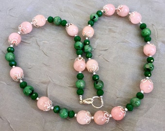 Rose Quartz Kiwi Jasper Necklace 20 inches Long Green Pink Multi Gemstone OOAK Handmade Unique