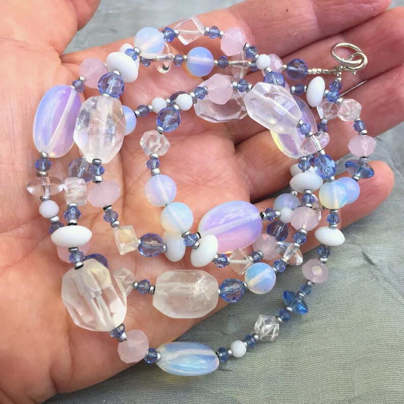 Sparkling unique bridal jewelry 33 long Pale blue opalite rock crystal necklace OOAK Something blue
