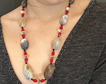 Gray Red Silver Raw Agate Necklace 24 inches Long Chunky Natural Wabi Sabi OOAK Handmade Unique