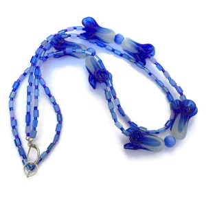 Royal Blue Art Glass Necklace Double Strand 17 inches Lampwork Flowers Art Nouveau OOAK Handmade Unique image 9