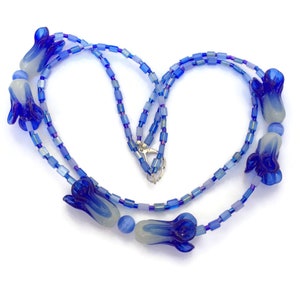 Royal Blue Art Glass Necklace Double Strand 17 inches Lampwork Flowers Art Nouveau OOAK Handmade Unique image 3