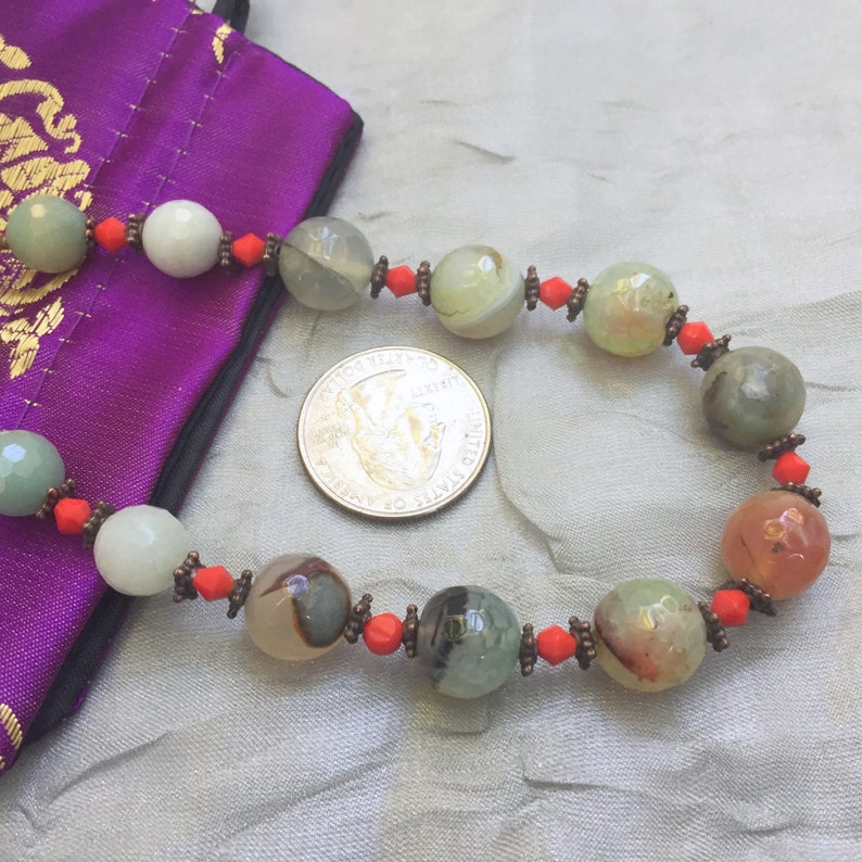 Graduated Bead Agate and Amazonite Necklace 19 inches Pastel Blue Grey Beige Red OOAK Handmade Unique