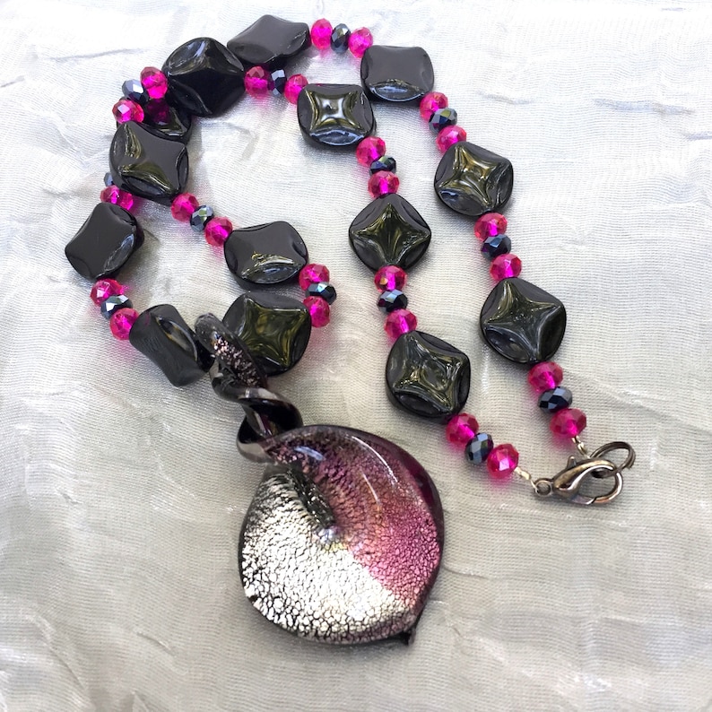 Fuchsia Pink Black Pendant Necklace Matching Long Earrings Dichroic Glass 18 inches OOAK Handmade Unique
