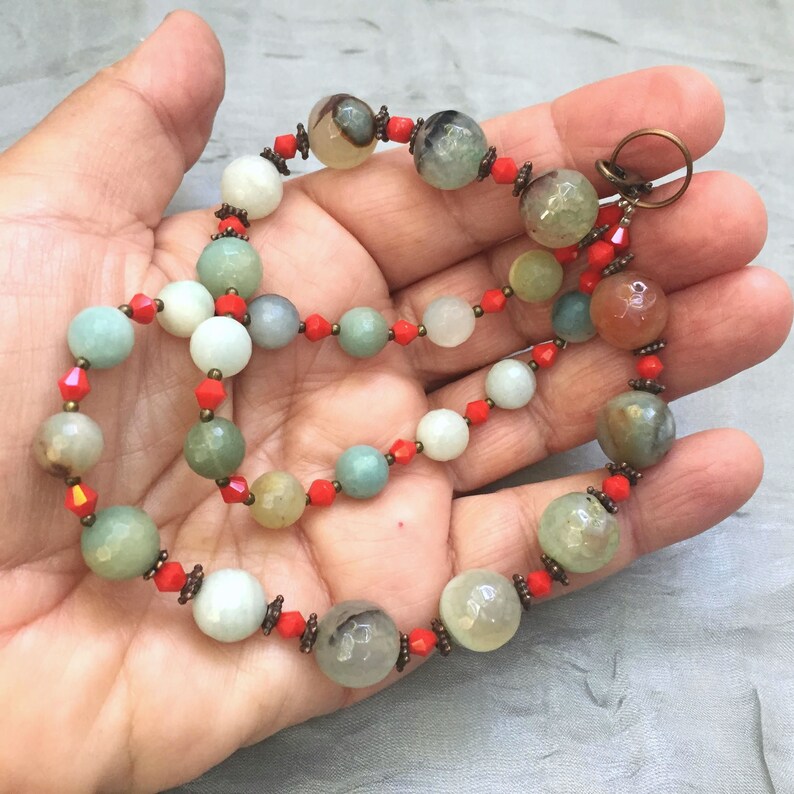 Graduated Bead Agate and Amazonite Necklace 19 inches Pastel Blue Grey Beige Red OOAK Handmade Unique