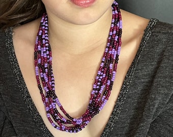 Long Colorful Multi Layer Purple Glass Necklace 6 Strands 22 inches OOAK Handmade Unique