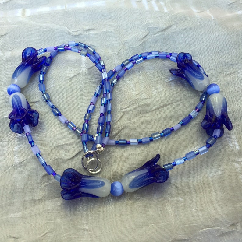 Royal Blue Art Glass Necklace Double Strand 17 inches Lampwork Flowers Art Nouveau OOAK Handmade Unique image 5