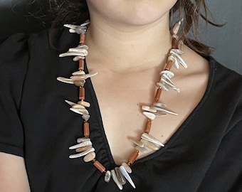 Exotic Mother of Pearl Beige Moonstone Fringe Necklace 24 inches Long OOAK Handmade Unique