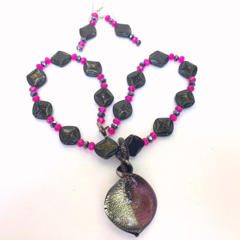 Fuchsia Pink Black Pendant Necklace Matching Long Earrings Dichroic Glass 18 inches OOAK Handmade Unique