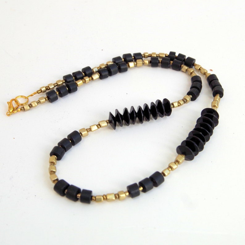 Delicate Geometric Black and Gold Necklace 21 inches Long Formal Art Deco Jewelry OOAK Handmade Unique image 2