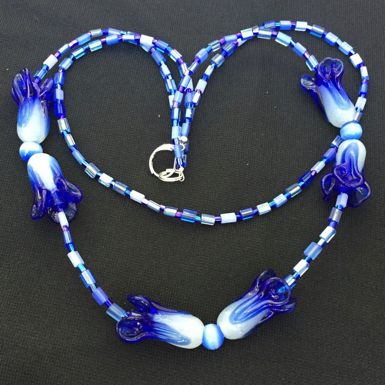 Royal Blue Art Glass Necklace Double Strand 17 inches Lampwork Flowers Art Nouveau OOAK Handmade Unique image 1