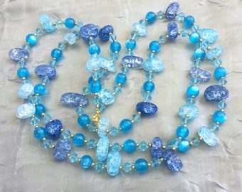 Sky Blue Crackle Glass Necklace 40 inches Extra Long Double Wrap OOAK Handmade Unique