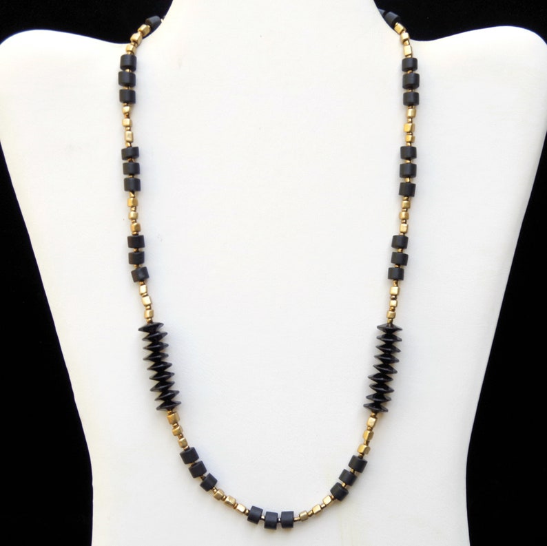 Delicate Geometric Black and Gold Necklace 21 inches Long Formal Art Deco Jewelry OOAK Handmade Unique image 6