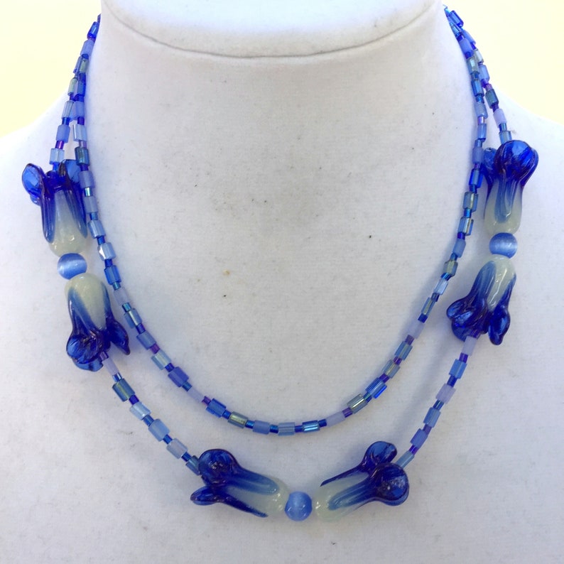 Royal Blue Art Glass Necklace Double Strand 17 inches Lampwork Flowers Art Nouveau OOAK Handmade Unique image 2