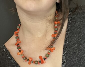 Unakite and Coral Garland Necklace 20 inches Long Salmon Red Green CottageCore OOAK Handmade Unique