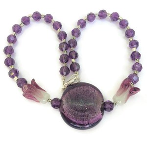 Purple Art Glass and Crystal Necklace 17 inches Art Nouveau Floral OOAK Handmade Unique image 2