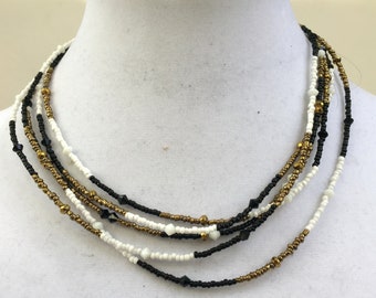 Black White Gold Multi Layer Necklace 17 inches Crystal 5 Strands Color Block OOAK Handmade Unique