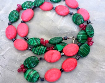 Green Malachite Pink Turquoise Necklace 27 inches Long Color Block Casual OOAK Handmade Unique