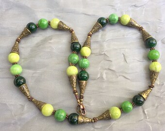 Art Deco Green Jade Necklace Geometric Multi Tone 20 inches Long OOAK Handmade Unique