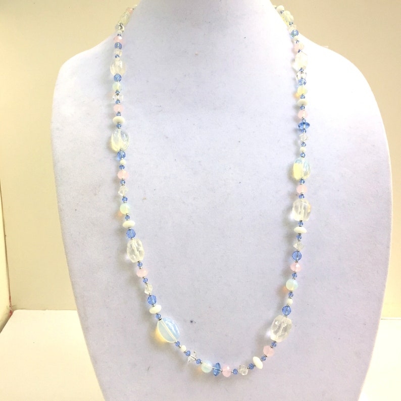 Sparkling unique bridal jewelry 33 long Pale blue opalite rock crystal necklace OOAK Something blue