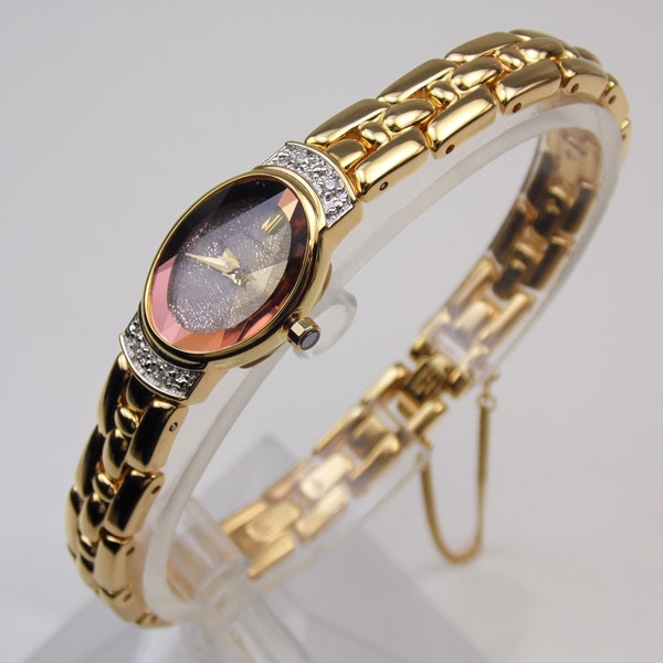 Rare Vintage Womens Gold Lassale by Seiko Genuine Diamond Gemstones Dial Luxury Designer Iridescent Rainbow Mica Dial Quartz Watch CZK144