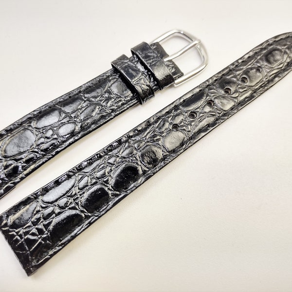 18mm (23/32) 7.25inches/18.4cm Regular Length Vintage NOS Black Genuine Stitched Lizard Grain Leather Watch Band Strap