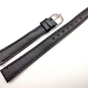 12mm (15/32) 7in/17.8cm Regular Length Vintage NOS Black Genuine Stitched Turned Edge Leather Watch Band Strap