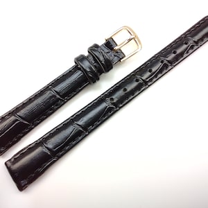 12mm (15/32) 7in/17.8cm Regular Length Vintage NOS Q&Q by Citizen Black Genuine Stitched Leather Lizard Grain Watch Band Strap