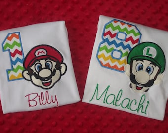 Super Mario or Luigi Appliquéd Birthday Shirt