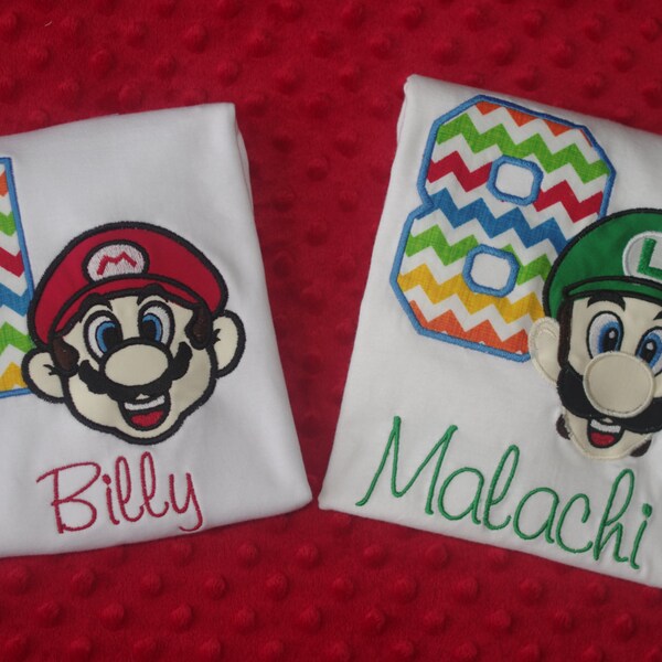 Super Mario or Luigi Appliquéd Birthday Shirt