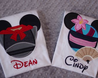 Mulan or Shang- Disney Mickey Mouse Ears Appliquéd Shirts or Onesies-- Prince or Princess