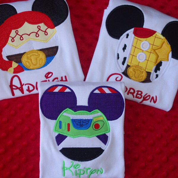 Toy Story Mouse Ears Appliqued Shirt-- Woody, Jessie, or Buzz-- Family Vacation Shirts
