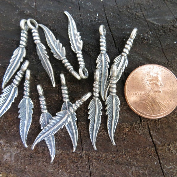 Sterling Silver Small Feather Charms w/pendant loop 27mm x 5mm  (.925) -Destash