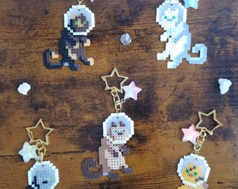 Astronaut space kitty perler bead keychains