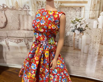 Red Floral Cotton Dress for Vintage Barbie, FR, & 1/6 Scale Dolls - Etsy  New Zealand