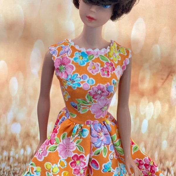 Reproduction Vintage Barbie Q dress in orange print cotton - fits most fashion dolls poppy parker, fashion royalty, barbie fashion dolls