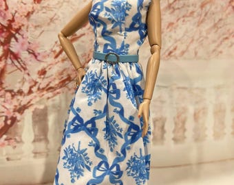 Vintage Barbie Doll Dress, Blue Floral Provençale Print, Mid-Century Style