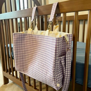 Stroller Tote Diaper Bag – Girl Mom Purple Gingham | Cup Holder | Gold Hardware | Inside Zipper Pocket | Detachable Straps | Stroller Hooks