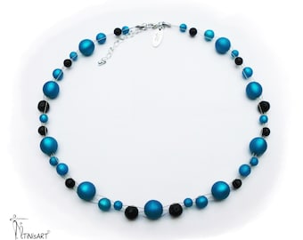 Short necklace, petrol colours, Polaris, lava beads,