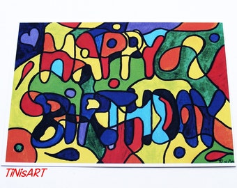 Greeting card, Happy Birthday, postcard 14.8 cm x 10.5 cm, colourful, with a special message