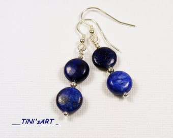 Silver earrings with lapis lazuli beads in the form of lenses