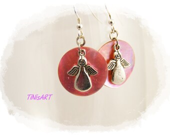 Silver earrings with Angel, rosé, mother-of-Pearl disc