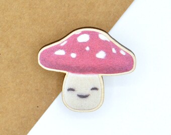 Felted Mushroom Wooden Pin Badge