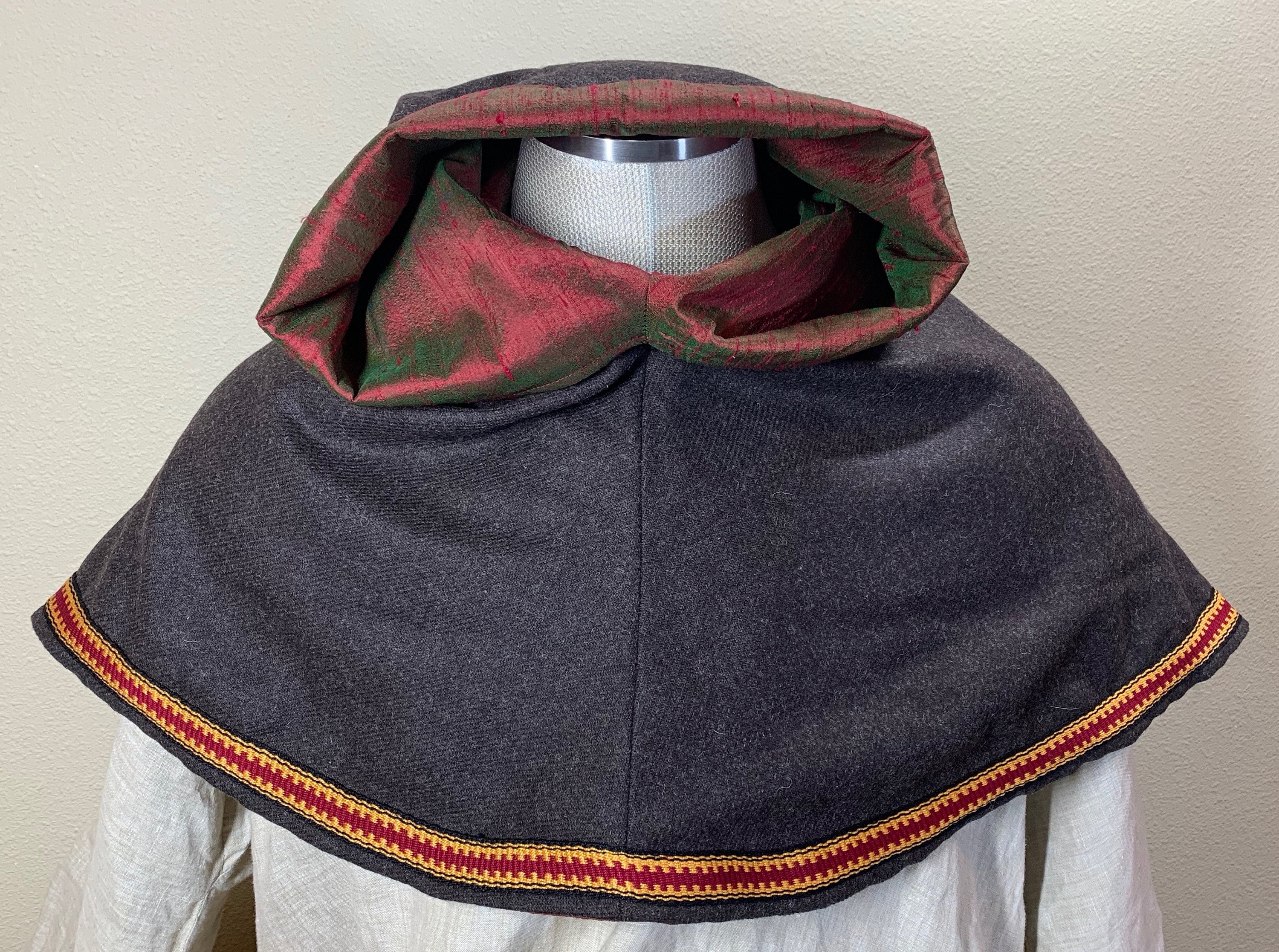 Medieval Viking Coif hood, open two-tone hood, short cape, hooded cape Larp  Sca