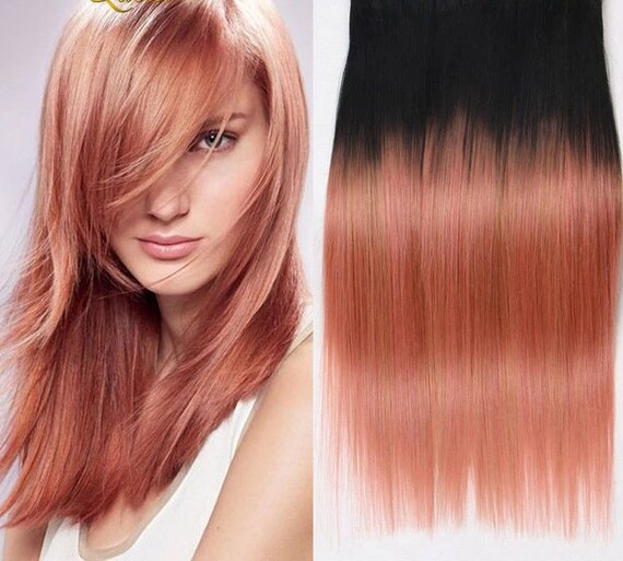 Clip In Human Hair Extensions Natural Black And Rose Gold Ombre 5 Pc Set 100g Per Set Dip Dye Hair