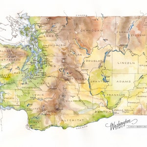 Illustration aquarelle de carte de l'État de Washington État de Washington Seattle Pacifique nord-ouest de Spokane Puget Sound impression d'art cadeau PNW art mural