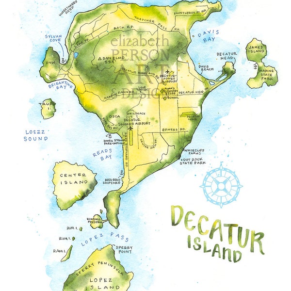 Decatur Island Wa Map Watercolor Illustration San Juan Islands Map Art Print Gift