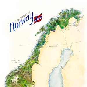 Illustration aquarelle de carte de la Norvège Carte scandinave Norske Scandinavie Oslo Stavanger Bergen Trondheim Carte de la Scandinavie viking Impression d'art mural